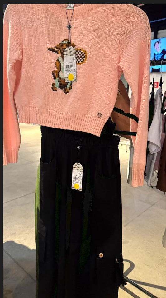 Conjunto Teen Suéter Tricot Dog Tennista Rosa e Calça Cargo Wide Leg Preta - Two In