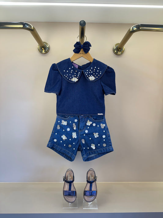 Conjunto Infantil Blusa Jeans Bordada Flores e Short Jeans Branco - Luluzinha PRÉ-VENDA