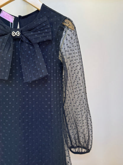 Vestido Infantil Trapézio Tule Plissado Aplicação Laço Preto - Luluzinha