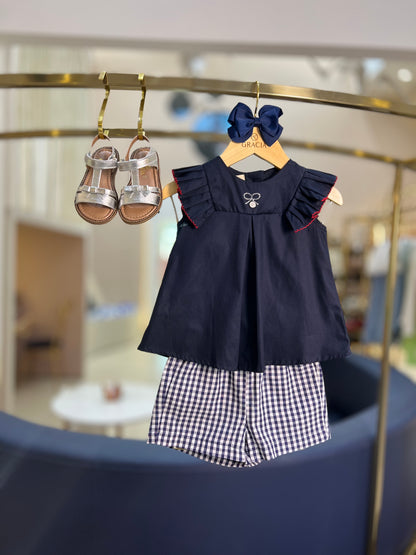 Conjunto Infantil Blusa com Strass e Shorts Tricoline Xadrez  - Um Mais Um