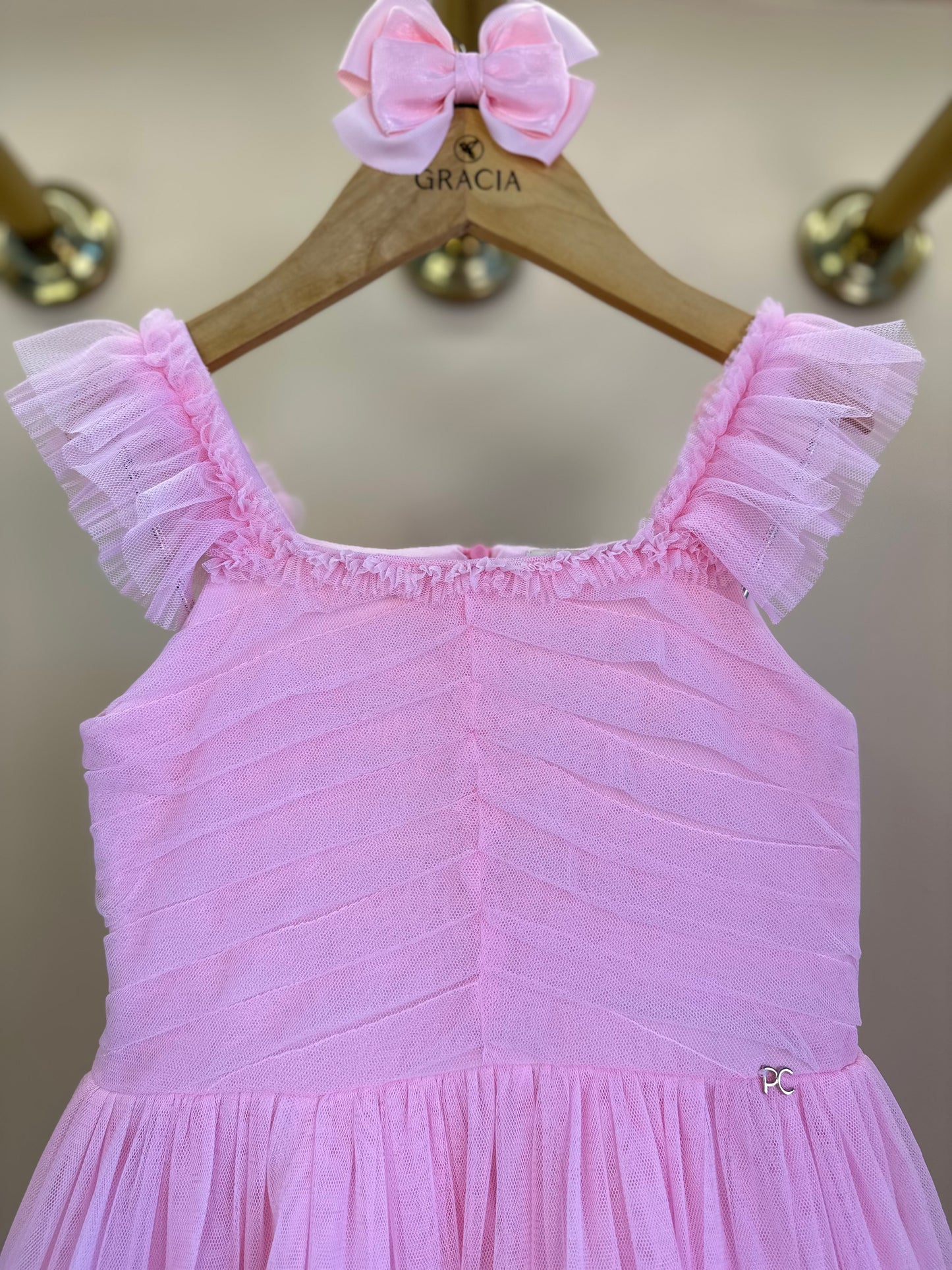 Vestido Infantil Tule Tomas e Plissado Rosa - Petit Cherie