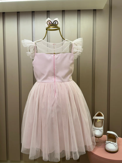 Vestido Infantil Festa Tule Poly Mesh Pérolas e Lacinho Aplicado Rosa - Petit Cherie