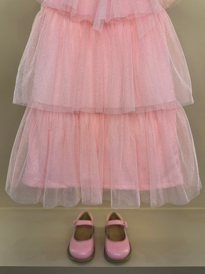 Vestido Infantil Tule Babados & Laço Rosa - Momi