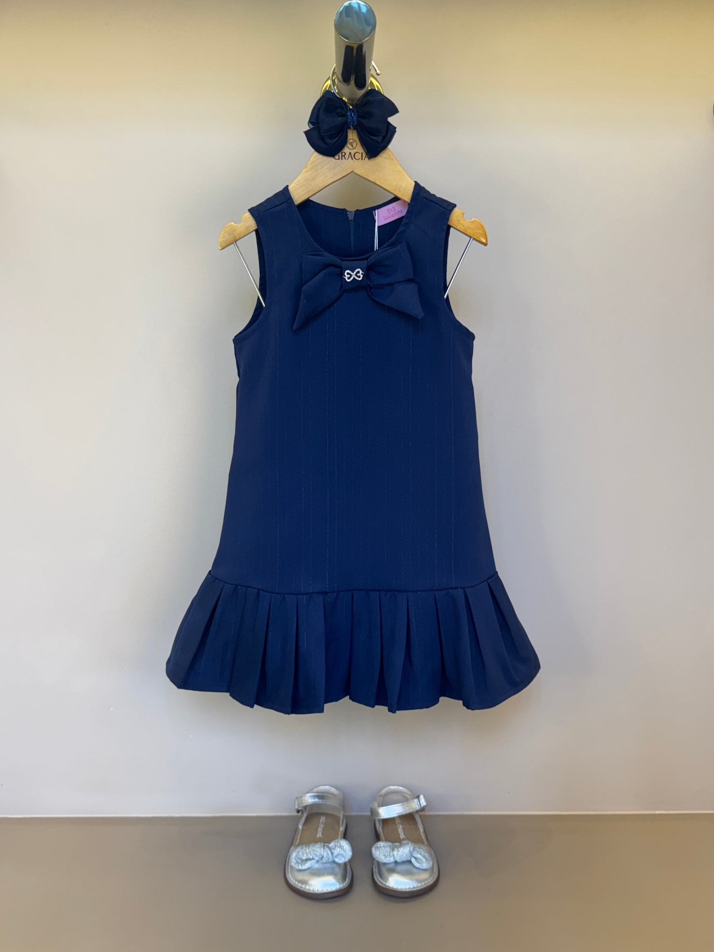 Vestido Infantil Trapézio Alfaiataria Risca de Giz Marinho - Luluzinha