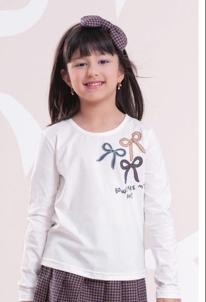 Conjunto Infantil Blusa Cotton Laços e Saia Xadrez com Pregas - Pituchinhus