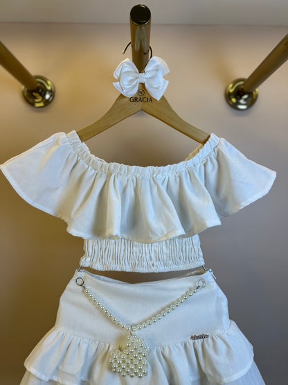 Conjunto Infantil Linho Blusa e Saia Cinto Pérolas e Coração - Luluzinha