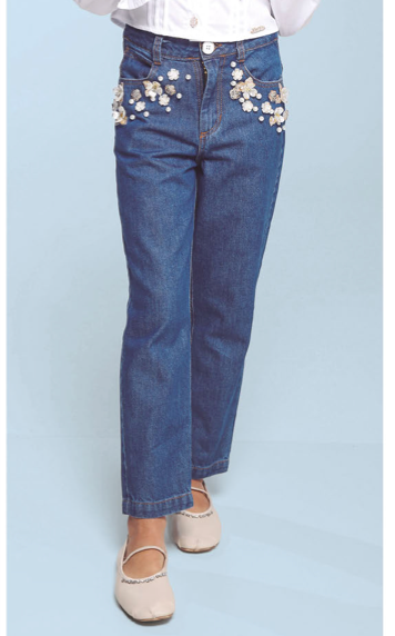 Calça Infantil Bordada Flores Brancas Jeans - Luluzinha