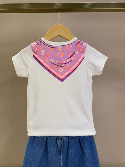 Conjunto Infantil Blusa Lenço Estampado Amarrado Na Gola e Calça Jeans Wide Leg Cós Alto Com Elástico - Momi