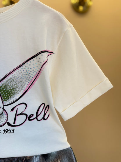 Conjunto Infantil Blusa Tiker Bell Off White e Saia Foil Prata - Animê Petite