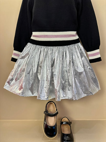 Conjunto Infantil Blusa Tricot Barbie Color Preta e Saia Prata Patche Barbie - Pituchinhus