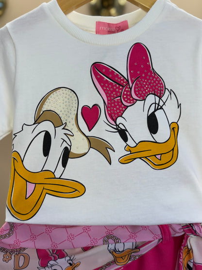 Conjunto Infantil Blusa Daisy & Donald com Shorts Lenço Rosa - Momi