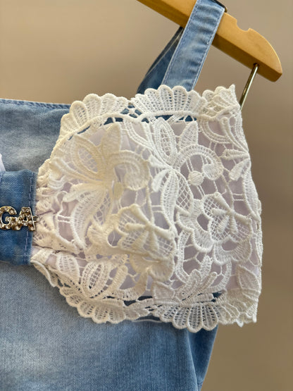 Conjunto Infantil Cropped Maxi Laço Renda e Calça Wide Jeans - Gabriela Aquarela