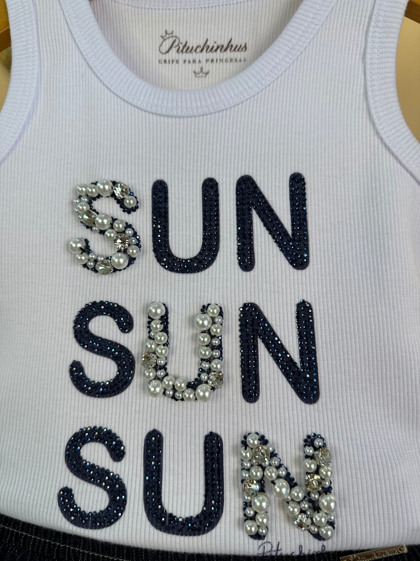 Conjunto Infantil Regata Sun Bordados Saia-shorts Jeans Babados Strass - Pituchinhus