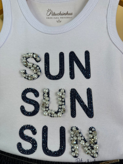 Conjunto Infantil Regata Sun Bordados Saia-shorts Jeans Babados Strass - Pituchinhus