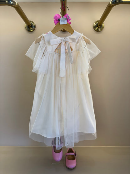 Vestido Infntil Tule Amplo Bordadinhos Gola Bege - Mon Sucré