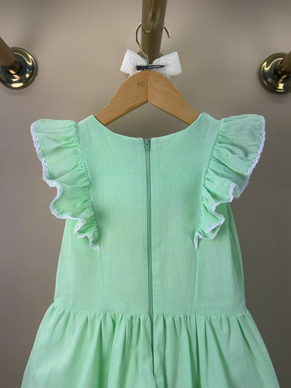 Vestido Infantil Verde Bordado Floral Babados Manga e Laços - Petit Cherie