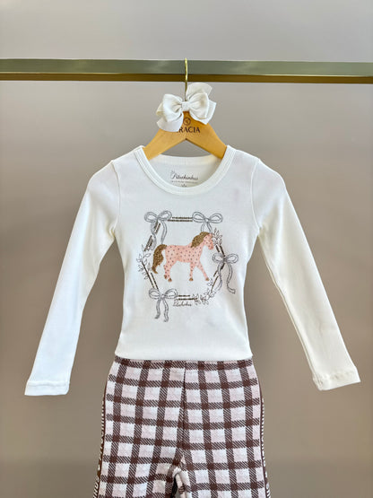 Conjunto Infantil Blusa Off White Cavalinho Cristal E Legging Tricot Xadrez Marrom - Pituchinhus