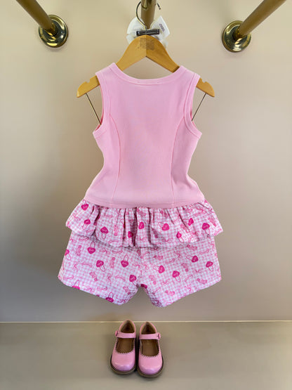 Conjunto Infantil Regata Cropped Laço Puffer Barbie Rosa e Shorts Babado Balonê Rosa Xadrez - Pituchinhus