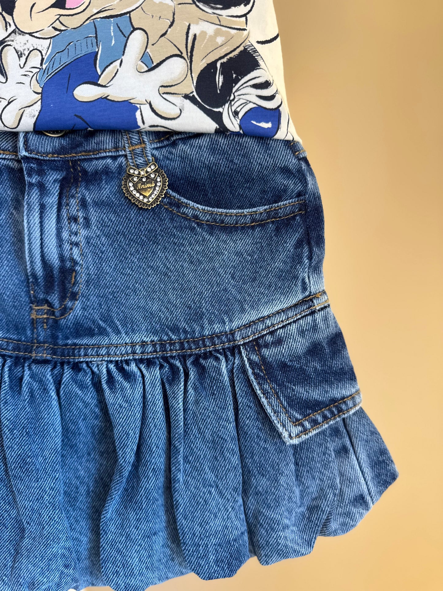 Conjunto Infantil Blusa Minnie & Mickey Lantejoulas e Saia Jeans Balonê Mini-Joia - Animê