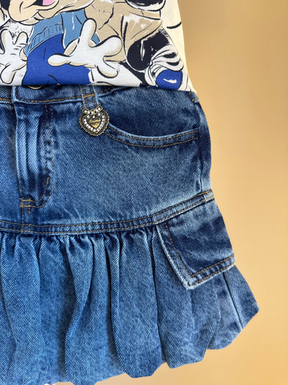 Conjunto Infantil Blusa Minnie & Mickey Lantejoulas e Saia Jeans Balonê Mini-Joia - Animê
