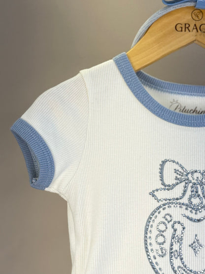 Conjunto Infantil Blusa Off White Good Luck Bordada e Legging Tricot Xadrez Azul - Pituchinhus