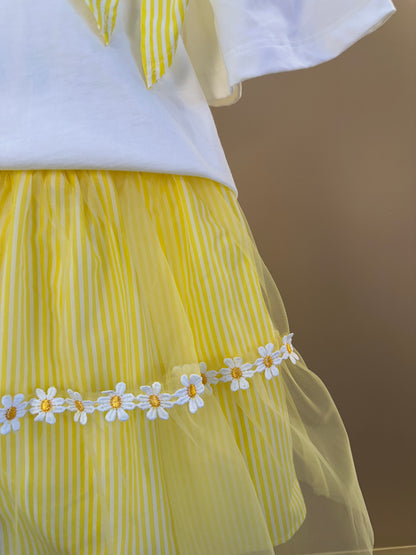 Conjunto Infantil Blusa Laço e Saia Listrada Com Aplicação de Flores - Momi