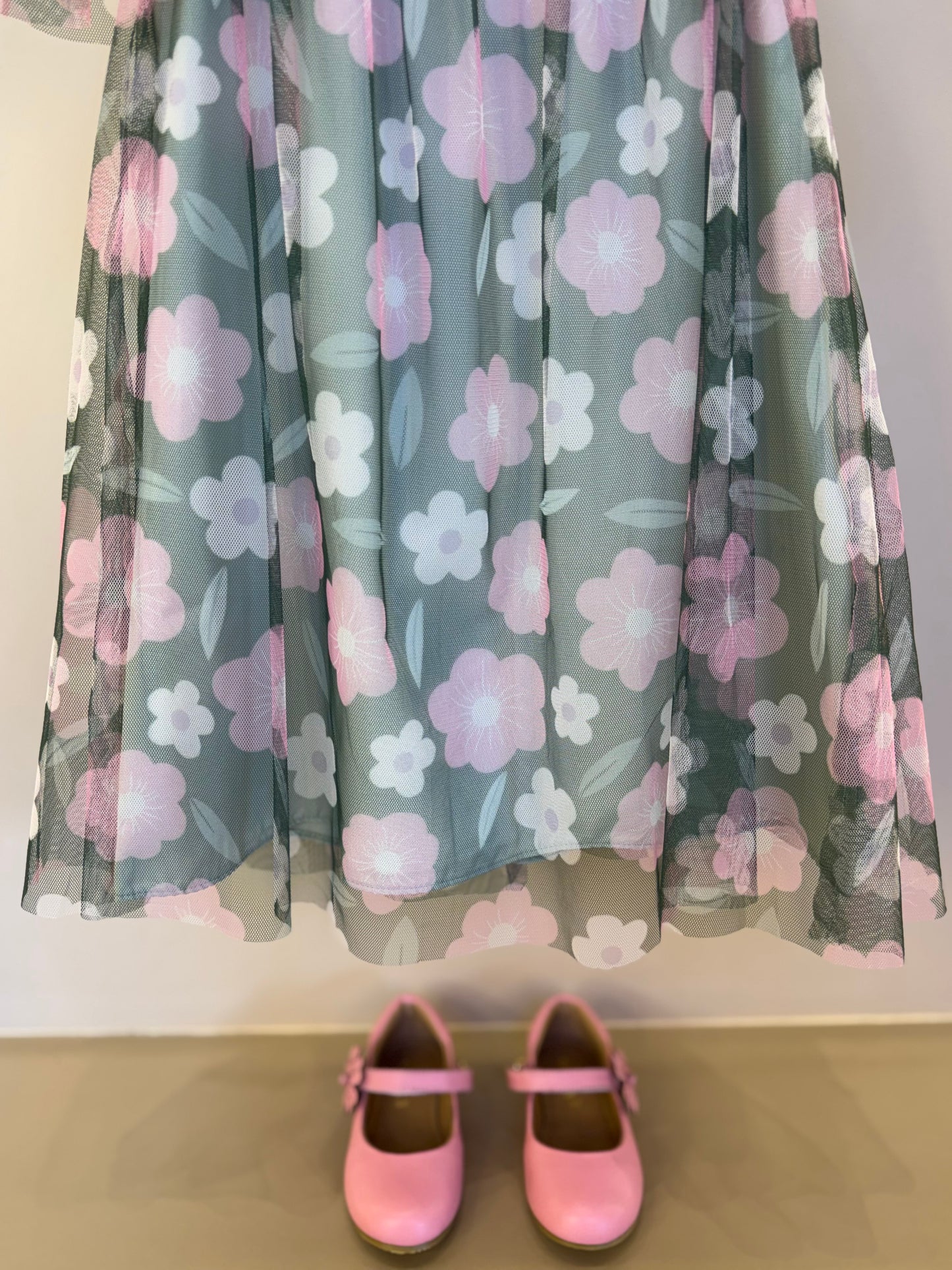Vestido Infantil Trapézio Tule Estampado Flores - Mon Sucre