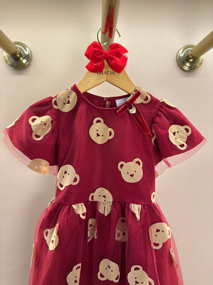 Vestido Infantil Tule Ursinhos Bordô - Momi