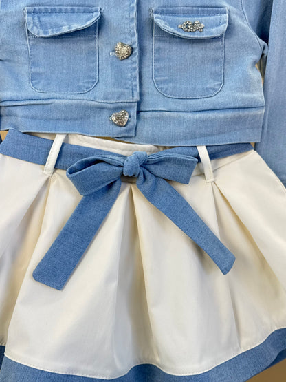 Conjunto Infantil Casaco Jeans e Saia de Pregas Branco - Gabriela Aquarela