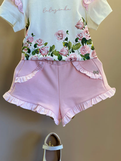 Conjunto Infantil Blusa Algodão Cotton Floral  Strass e Shorts Moletocotton Babadinho Rosa - Luluzinha