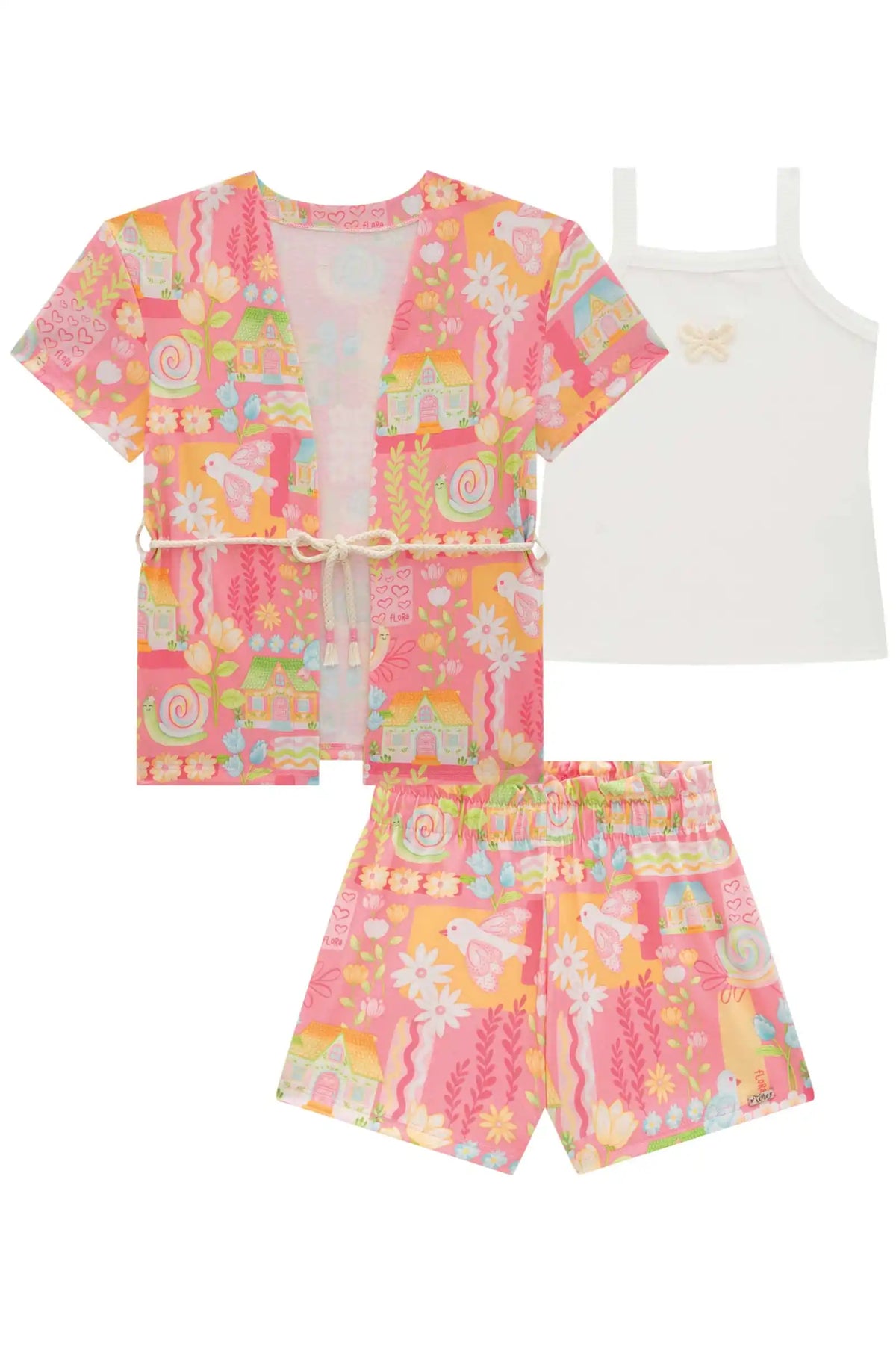 Conjunto Infantil Regata Canelada Kimono e Shorts em Malha - Infanti
