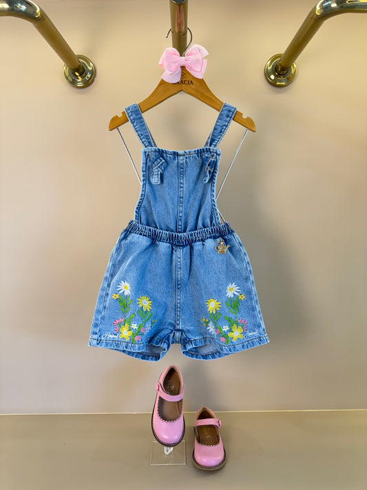 Jardineira Infantil Jeans Bordado Floral - Animê