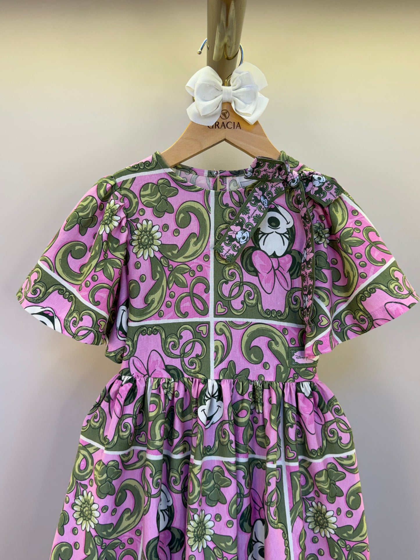 Vestido Infantil Algodão Maxi Minnie Barrado Rosa e Verde Forest - Animê