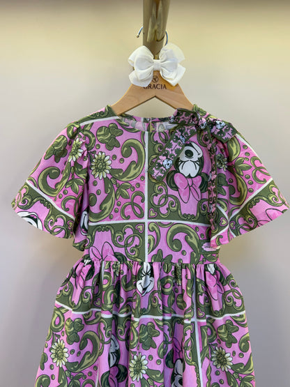 Vestido Infantil Algodão Maxi Minnie Barrado Rosa e Verde Forest - Animê