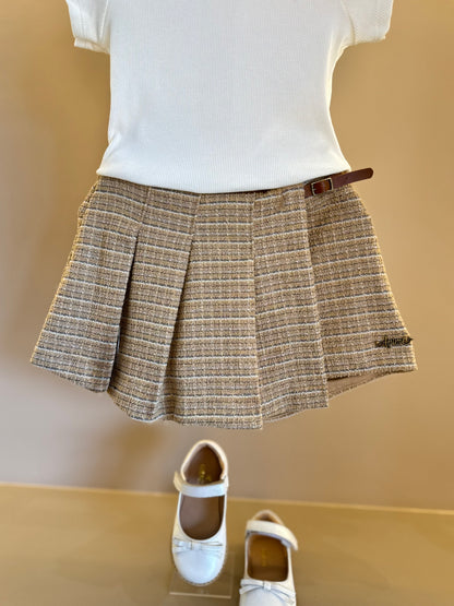 Conjunto Infantil Blusa Essential Mini-Joia e Saia Pregas Tweed Bege - Animê Petite