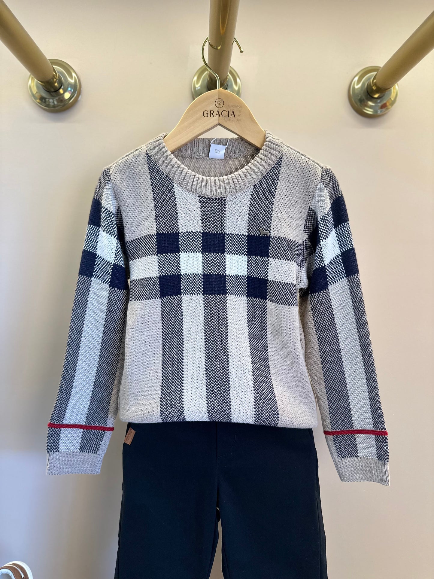 Conjunto Bebê  Blusa Tricot Clássico Jacquard E  Calça Social Sarja Peletizada Preta - Um Mais Um