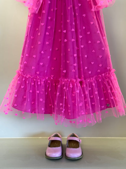 Vestido Infantil Trapézio Tule Corações Pink - Mon Sucré