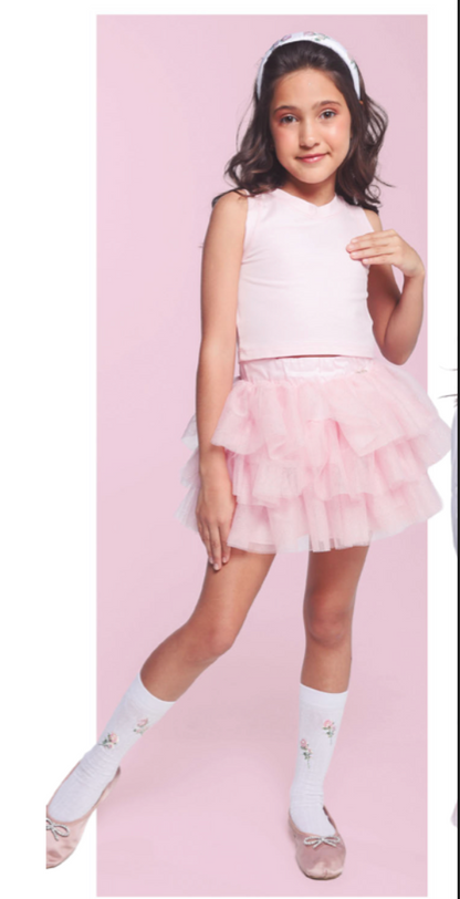 Conjunto Infantil com Casaco Bordado Floral, Blusa com Strass e Saia em Tulle Glitter - Luluzinha