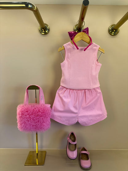 Conjunto Infantil Regata Patche Coração Barbie e Saia Sarja Pregas Patche Barbie Rosa Romântico - Pituchinhus