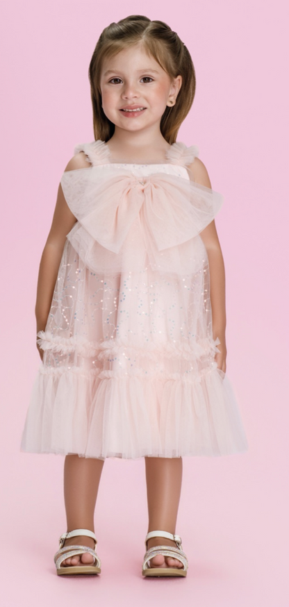 Vestido Infantil Tule Bordado Paêtes Laço Maxxi Rosa - Petit Cherie