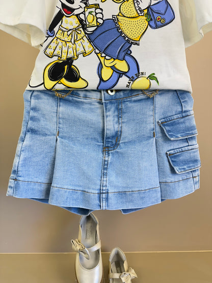 Conjunto Infantil Blusa Minnie e Daisy Limão e Shorts Saia Jeans