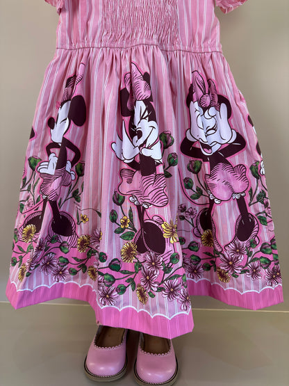 Vestido Infantil Rosa Listrado Minnie Floral - Animê