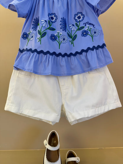 Conjunto Infantil Bata Ombro à Ombro Bordado Floral e Shorts Cós Elástico - Momi