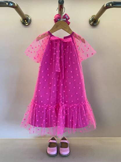 Vestido Infantil Trapézio Tule Corações Pink - Mon Sucré