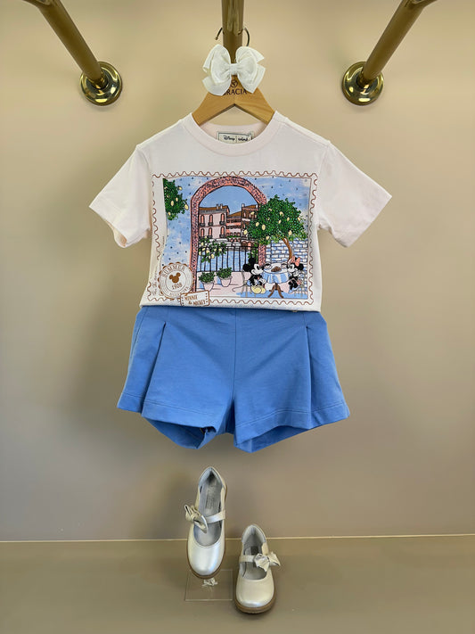 Conjunto Infantil Blusa Mickey e Minnie Paris e Shorts Azul Pregas Com Pingente - Animê