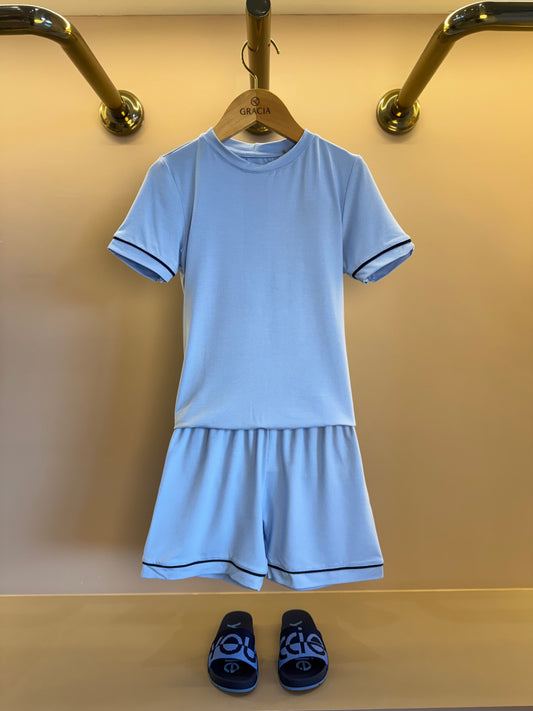 Pijama Infantil Le Basique Blusa MC e Shorts Azul Celeste - Conforteca
