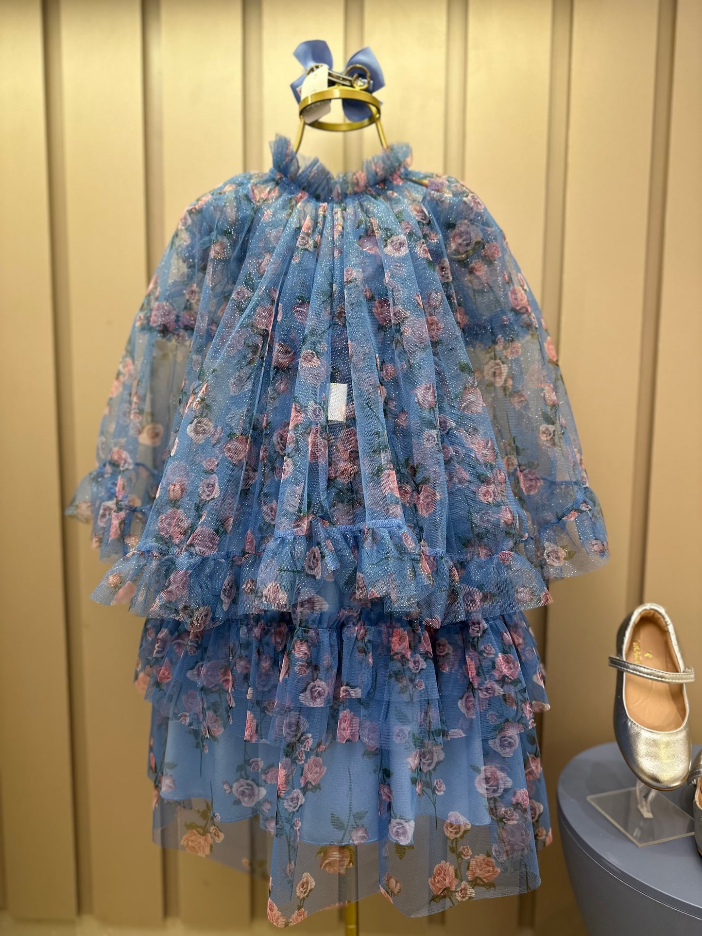 Vestido Infantil Midi Tule Floral Azul Babados - Luluzinha