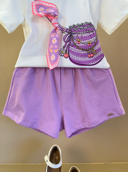 Conjunto Infantil Blusa Estampa Bolsa Transversal e Shorts Cós Elástico Franzido- Momi