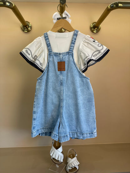Conjunto Infantil Jardineira Jeans com Blusa Mangas Amplas Minnie Navy - Animê