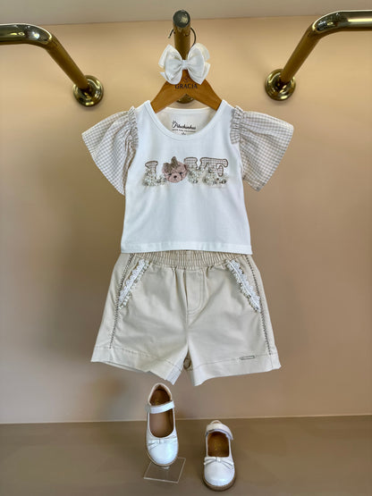 Conjunto Infantil Blusa Love Bordado Mangas Xadrez e Shorts Bordados Pérolas e Cristais - Pituchinhus